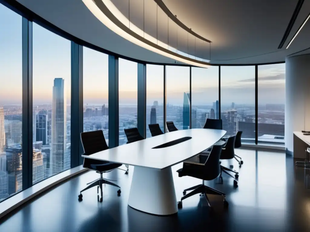 Oficina moderna con vista panorámica Oficina moderna con vista a la ciudad, luz natural, diseño minimalista y mesa de conferencias