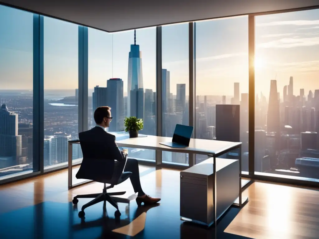 Oficina moderna con vista a la ciudad Oficina moderna con vista a la ciudad y muebles minimalistas