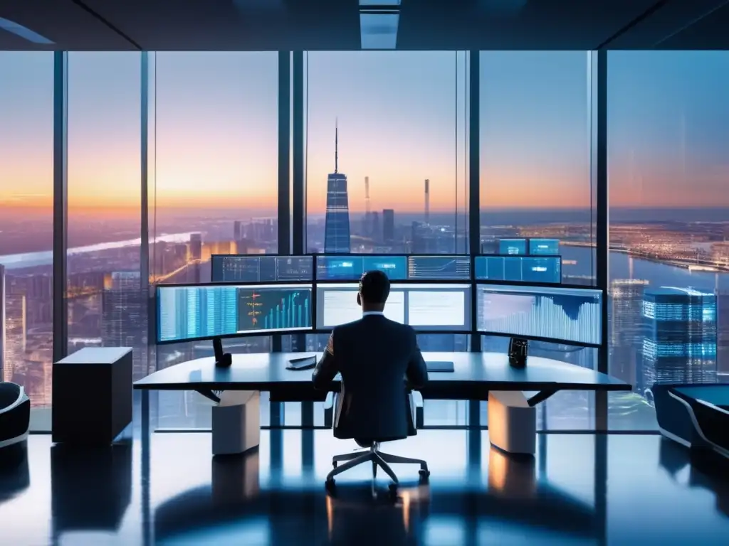 Oficina moderna y elegante con vista a la ciudad Oficina moderna con vista a la ciudad y monitores financieros