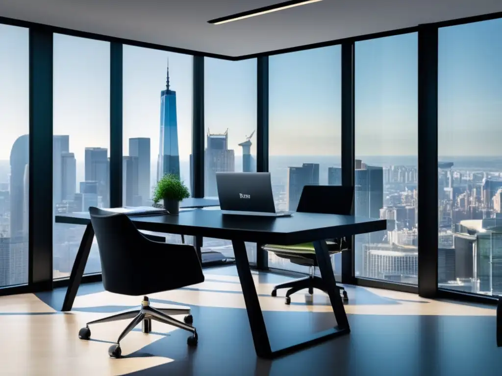 Oficina moderna con vista a la ciudad y énfasis en inversiones éticas Oficina moderna con vista a la ciudad, escritorio negro minimalista y silla ergonómica de alta gama