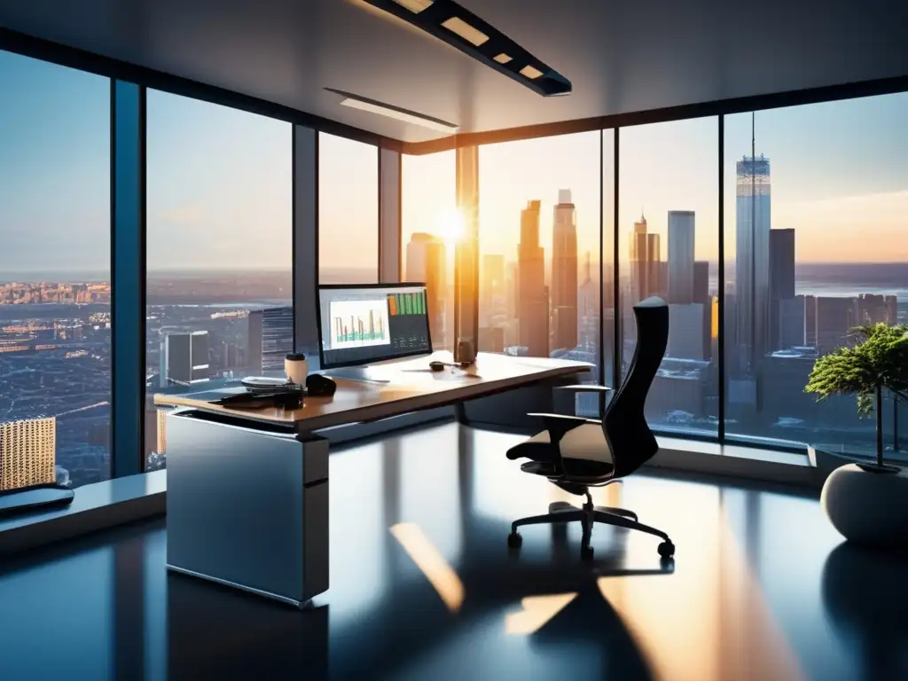 Oficina moderna con vista panorámica Oficina moderna con vista a la ciudad y muebles minimalistas