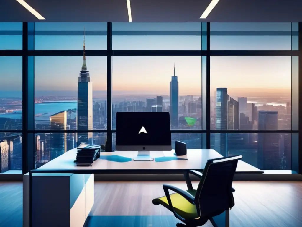 Oficina moderna con asesor financiero Oficina moderna con vista a la ciudad, mobiliario contemporáneo, asesor financiero explicando opciones de inversión al cliente