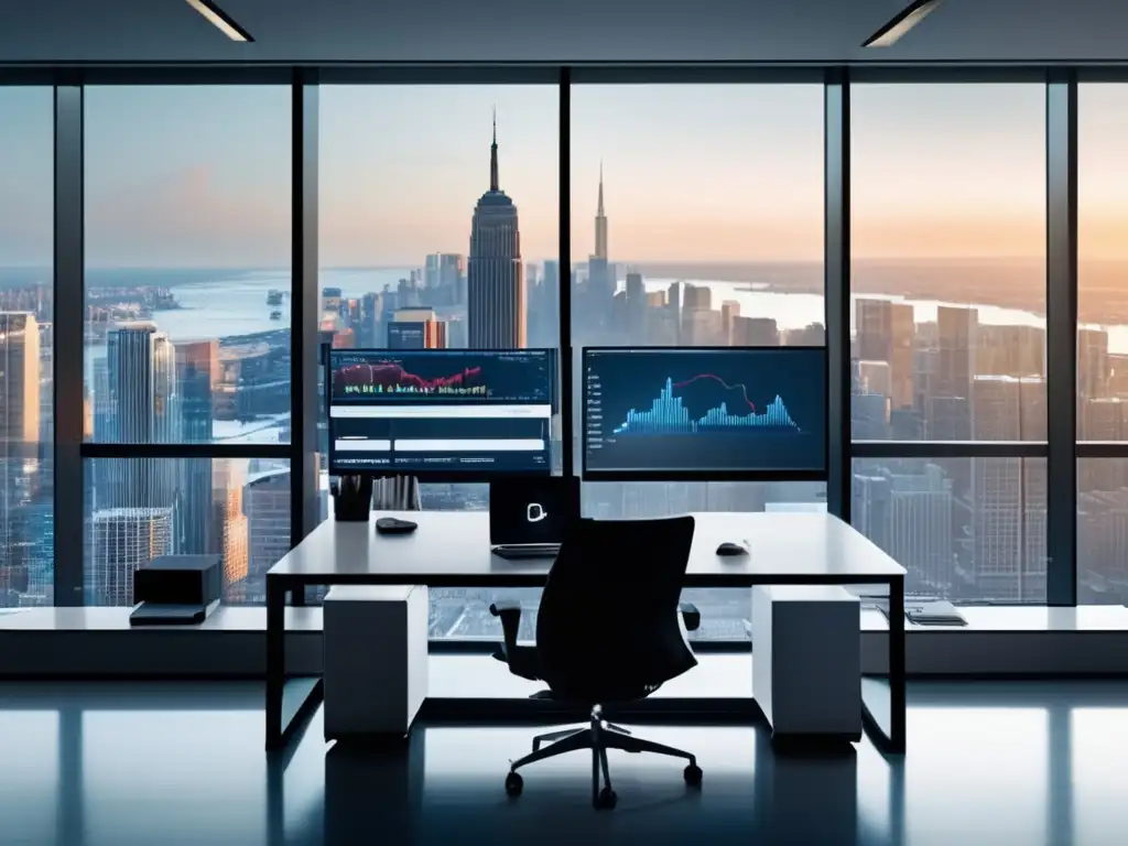 Oficina moderna con vista a la ciudad y tecnología avanzada Oficina moderna con vista a la ciudad, tecnología avanzada y estrategias de inversión rentables en plataformas tradicionales