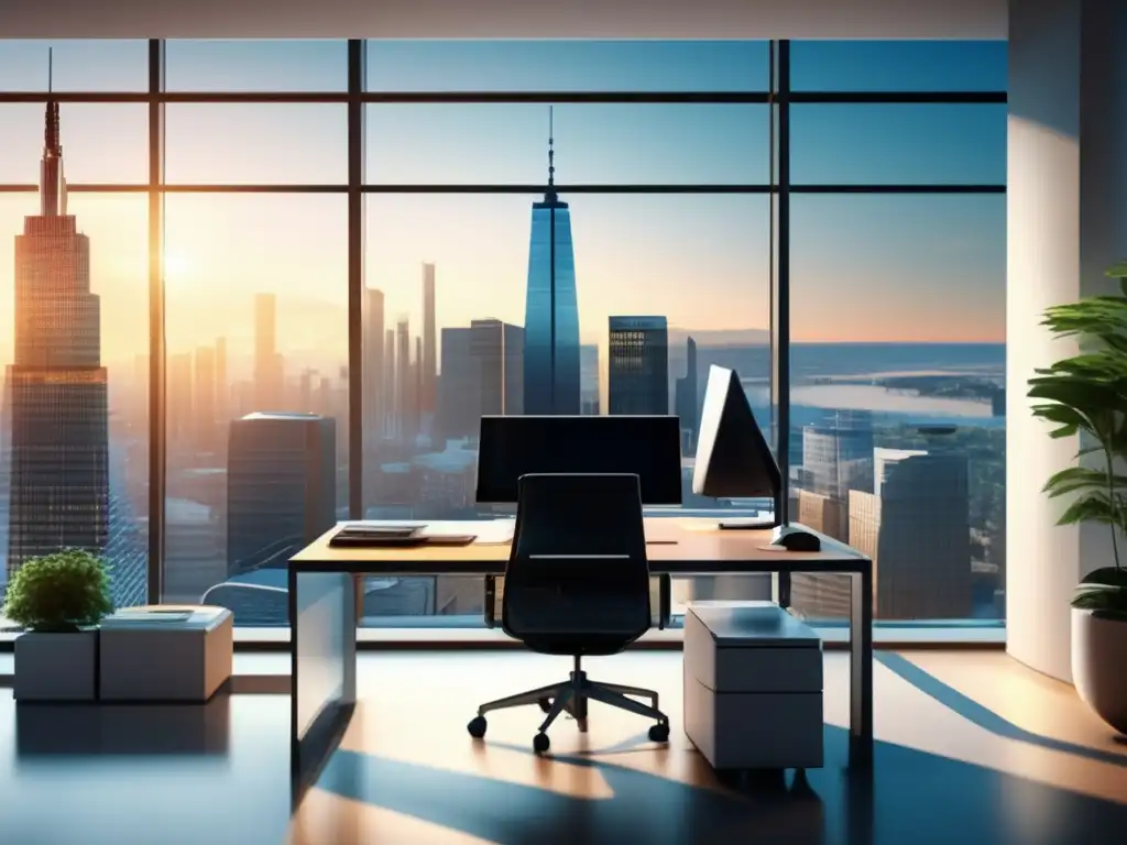 Oficina moderna y elegante con vista a la ciudad Oficina moderna con vista a la ciudad, escritorio minimalista y recursos para aprender sobre inversiones