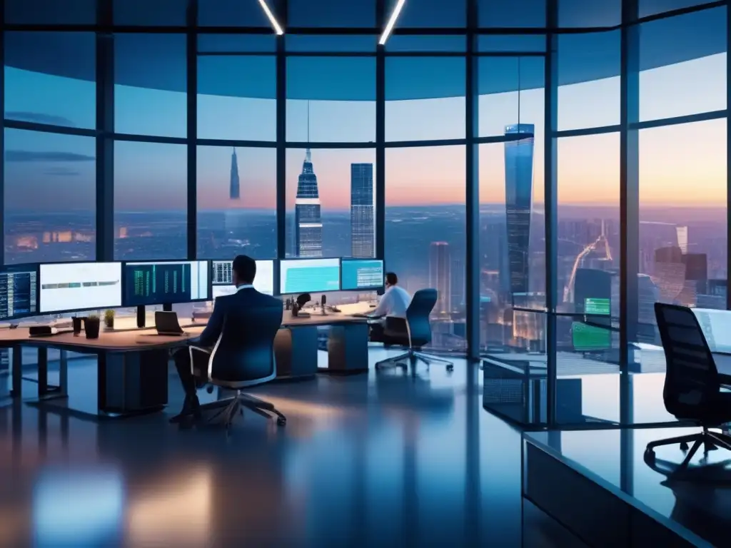 Oficina moderna con vista panorámica a la ciudad y operadores bursátiles Oficina moderna con vista a la ciudad y traders analizando datos de la bolsa