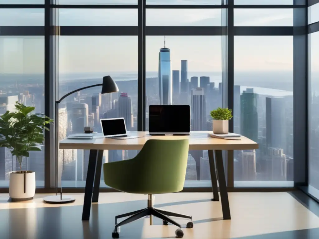Oficina moderna con ventanales y ambiente tranquilo Oficina moderna con vista a la ciudad