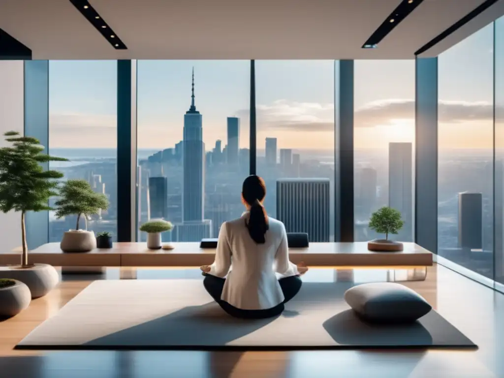 Oficina moderna con vista a la ciudad y zona de meditación Oficina moderna con vista a la ciudad, meditación mindfulness para inversionistas estresados