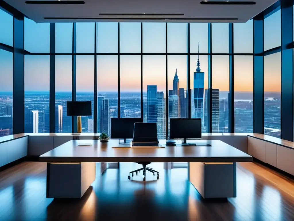 Oficina moderna y sofisticada Oficina moderna con vista a la ciudad y profesionales discutiendo estrategias de inversión diversificada