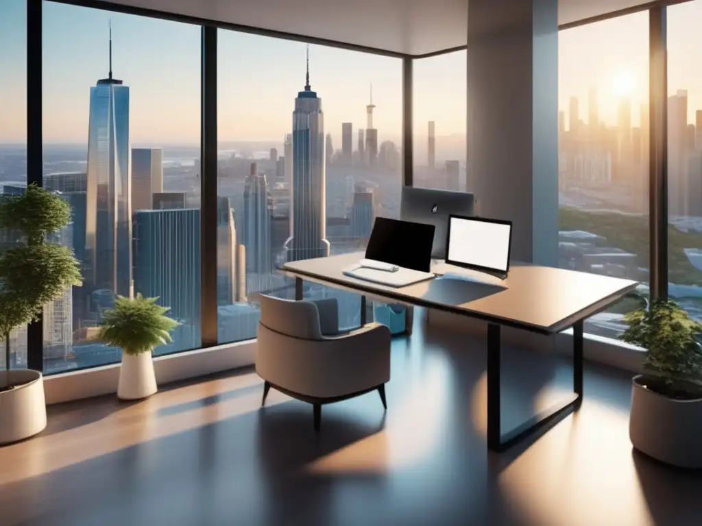 Oficina moderna con vista panorámica de la ciudad Oficina moderna con vista a la ciudad: Estrategias análisis objetivo mercado incertidumbre