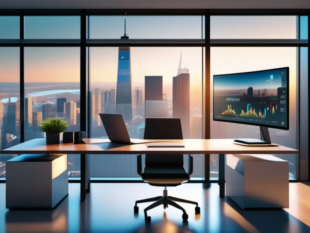 Oficina moderna con vista panorámica de la ciudad Oficina moderna con vista a la ciudad, mostrando la psicología en la toma de decisiones de inversión