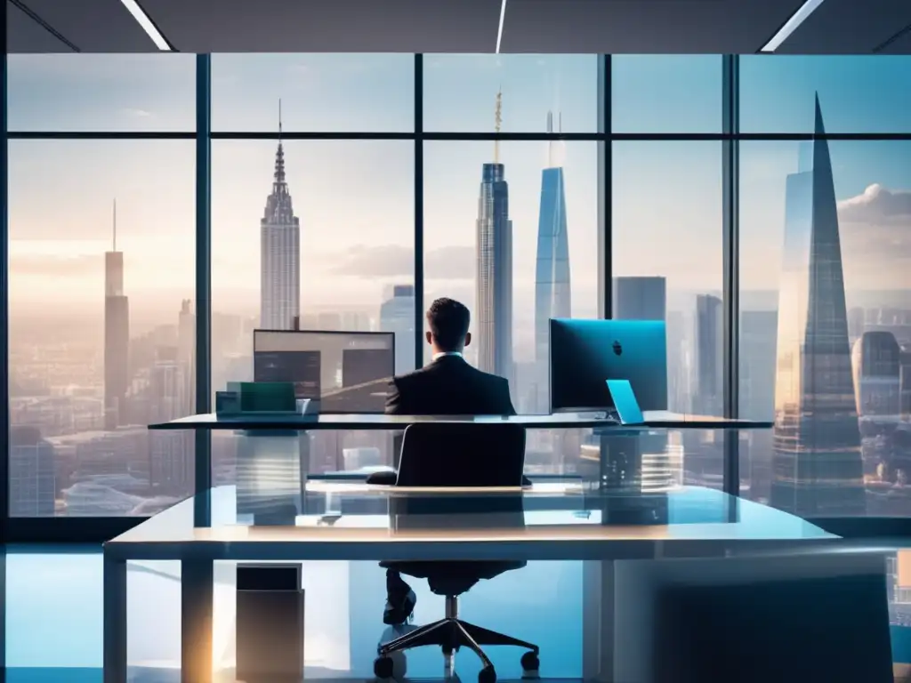Oficina moderna con vista a la ciudad y simbolismo de la avaricia Oficina moderna con vista a la ciudad