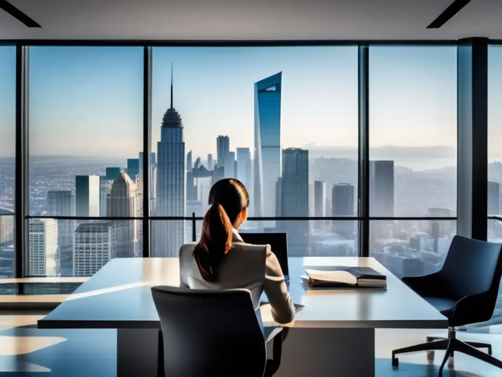 Oficina moderna y mujer profesional leyendo Oficina moderna con vista a la ciudad