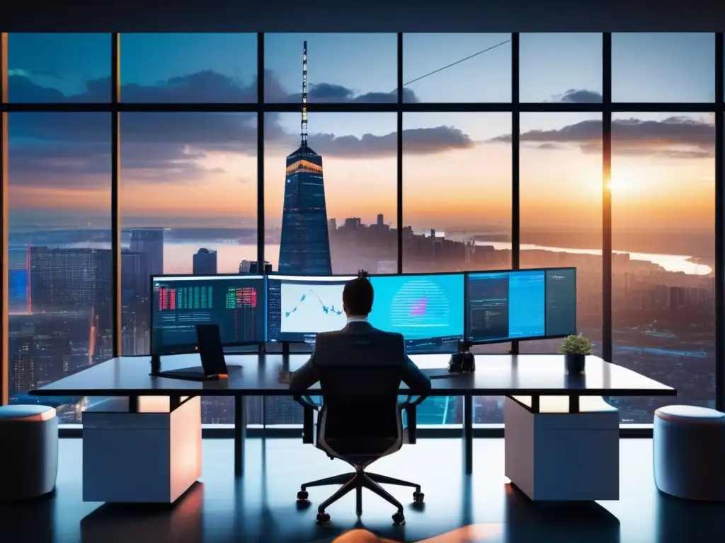 Oficina moderna con vista ciudad y análisis financiero Oficina moderna con vista a la ciudad, muebles contemporáneos y persona analizando datos de criptomonedas y bolsa