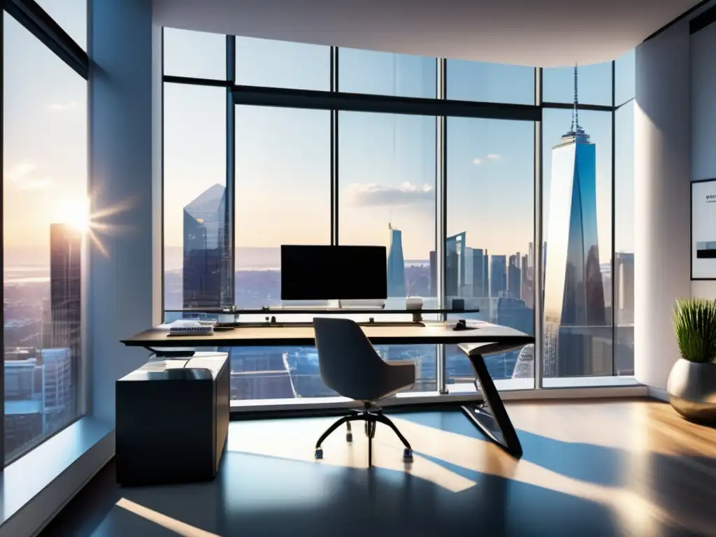 Oficina moderna con vistas a la ciudad Oficina moderna con vista a la ciudad y mobiliario minimalista