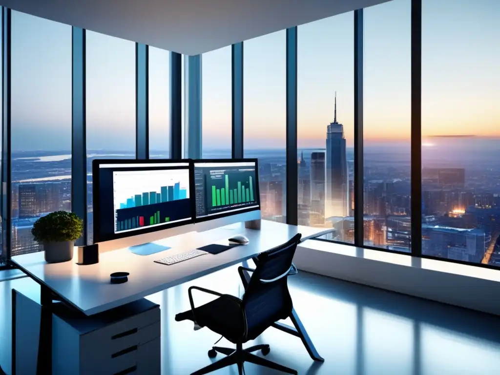 Oficina moderna con vista a la ciudad Oficina moderna con vista a la ciudad y muebles minimalistas - Efecto de Dotación en inversiones financieras