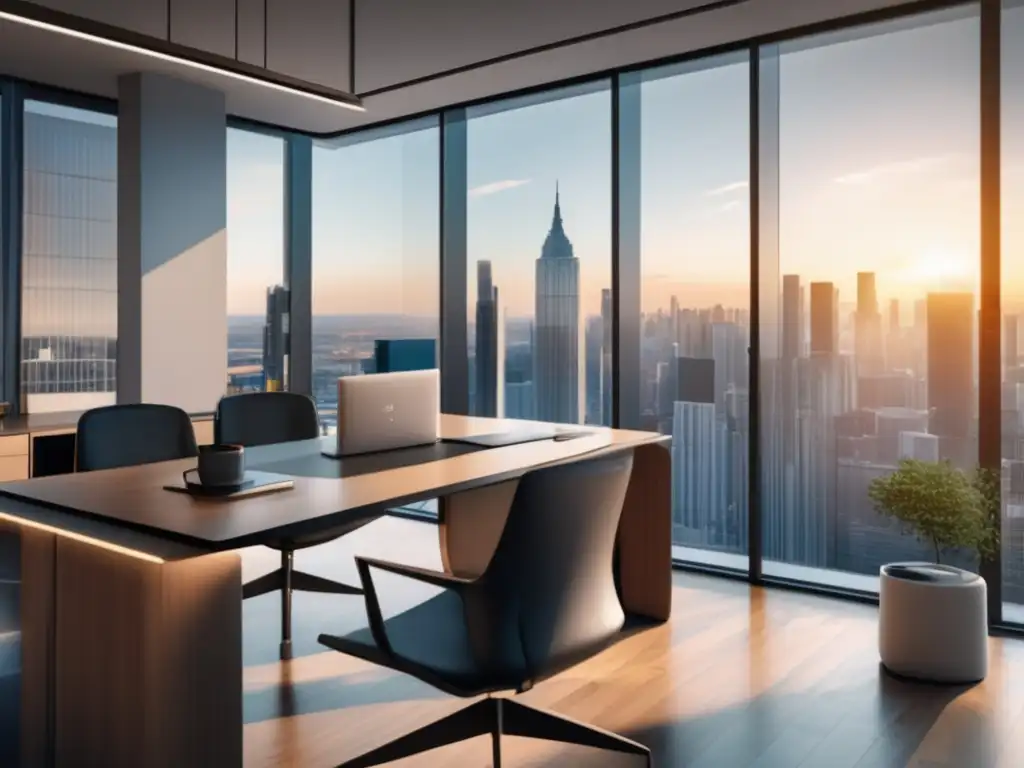 Espacio de oficina moderno con vista a la ciudad Oficina moderna con vista a la ciudad, muebles minimalistas y libros de educación financiera