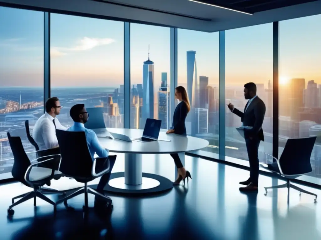 Oficina moderna con vista a la ciudad y profesionales discutiendo Oficina moderna con vista a la ciudad y profesionales revisando evaluación de fondos de inversión