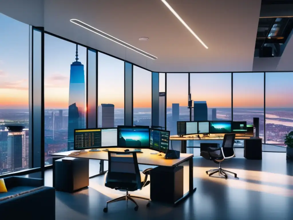 Oficina de inversión moderna y profesional Oficina moderna con vista a la ciudad y profesionales analizando inversiones en blockchain