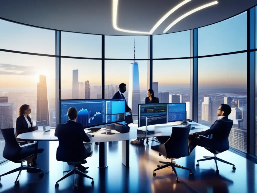 Oficina moderna con tecnología avanzada y profesionales analizando datos Oficina moderna con vista a la ciudad y profesionales analizando datos- Ventajas de los Roboadvisors en inversiones