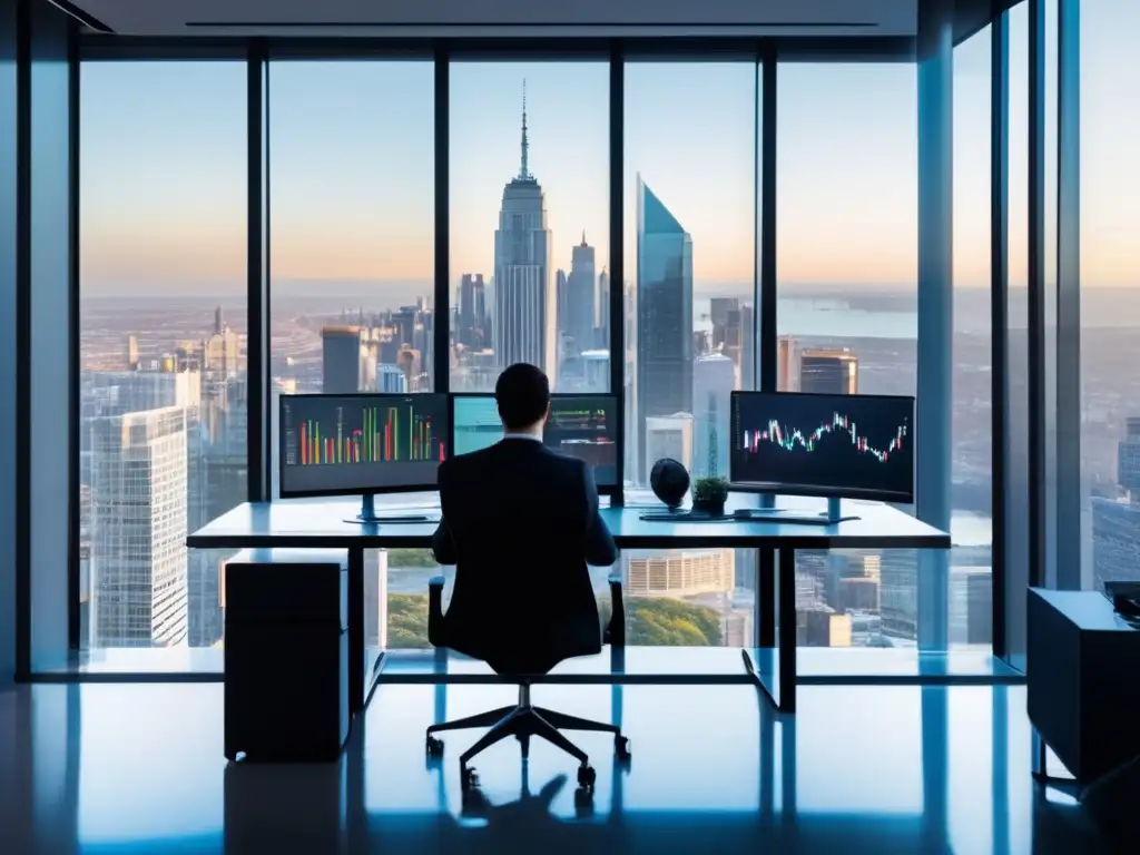 Oficina moderna con vista a la ciudad y tecnología avanzada Oficina moderna con vista a la ciudad, muebles minimalistas y análisis de datos en computadora: Herramientas IA para inversor individual