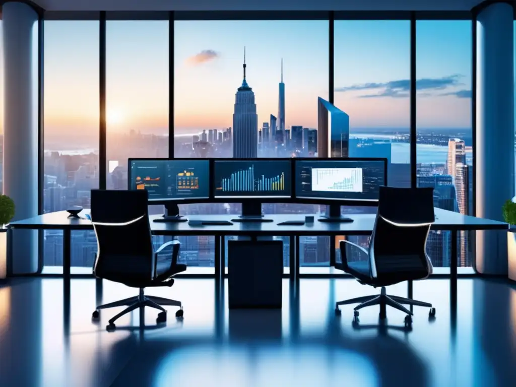 Oficina moderna con vista panorámica Oficina moderna con vista a la ciudad, muebles minimalistas y roboadvisors