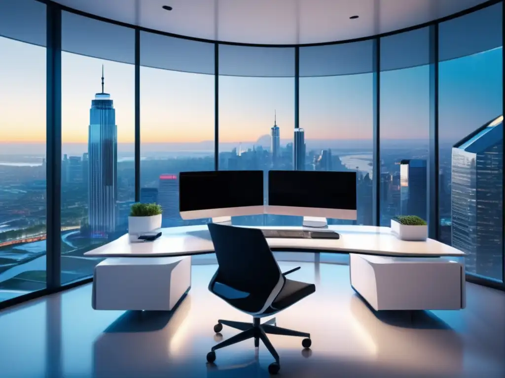 Oficina moderna con Roboadvisor Oficina moderna con vista a la ciudad y estrategias de inversión con Roboadvisors a largo plazo