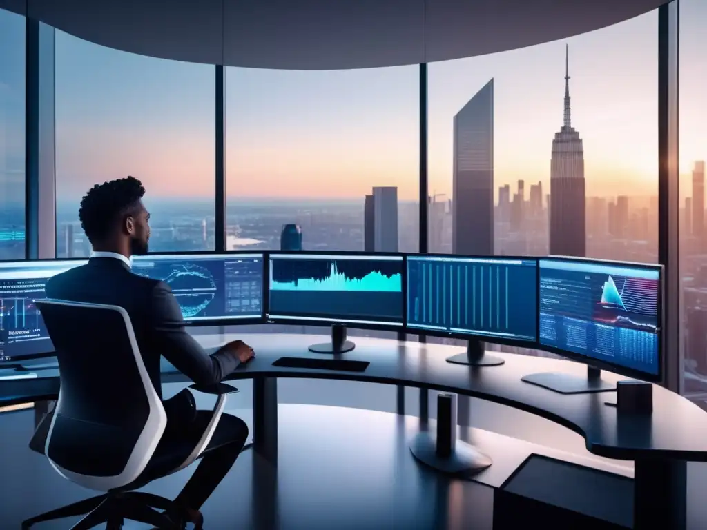 Oficina futurista con tecnología financiera Oficina moderna con vista a la ciudad, monitores financieros y un profesional confiado usando un roboadvisor confiable