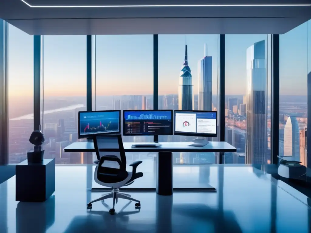 Oficina moderna con vista a la ciudad, Roboadvisor y profesionales discutiendo estrategias de inversión