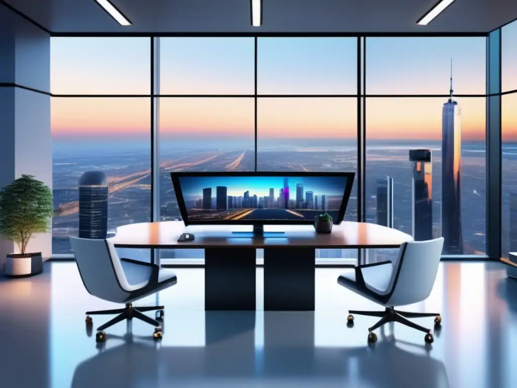 Oficina moderna con vista a la ciudad y plataforma Roboadvisor para inversiones financieras