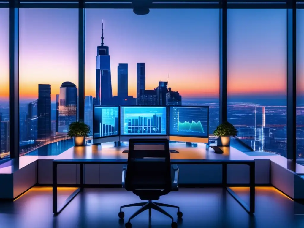 Oficina moderna con VPN seguro Oficina moderna con vista a la ciudad y VPN para proteger activos online