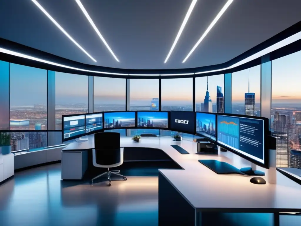Oficina moderna y sofisticada Oficina moderna con vista a la ciudad y profesionales discutiendo ventajas de combinar inversión pasiva y activa