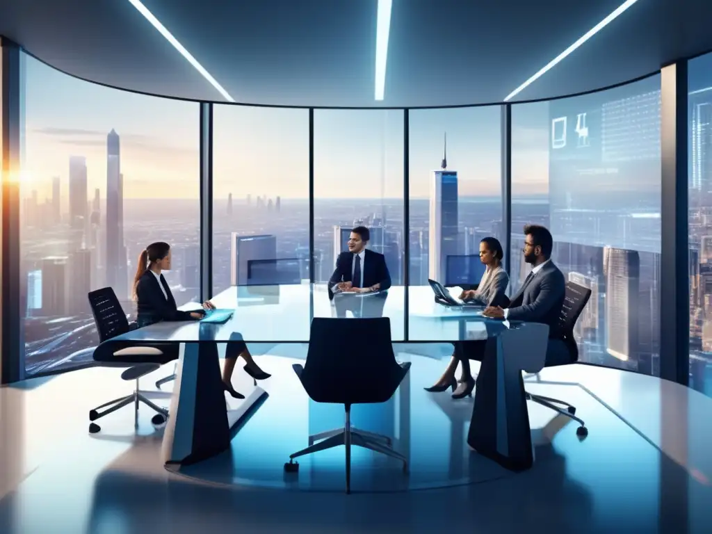 Oficina moderna con profesionales discutiendo Oficina moderna con vista a la ciudad: Inversión activa en bolsa, análisis y decisiones rápidas