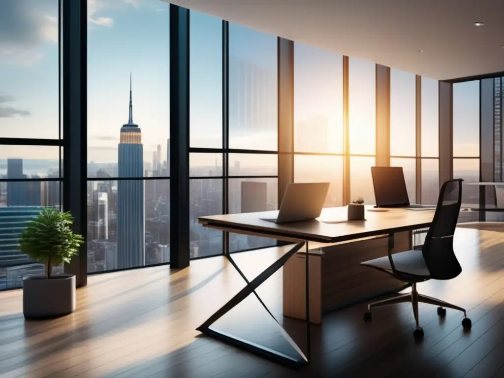 Espacio de oficina moderno y exitoso Oficina moderna con vista a una ciudad vibrante, estrategias de trading efectivas