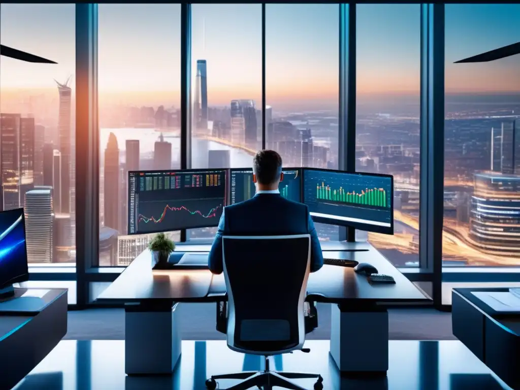 Moderna oficina con vista a la ciudad y trader profesional ($$$) Oficina moderna con vista a una ciudad, operaciones apalancadas y gestión de riesgo