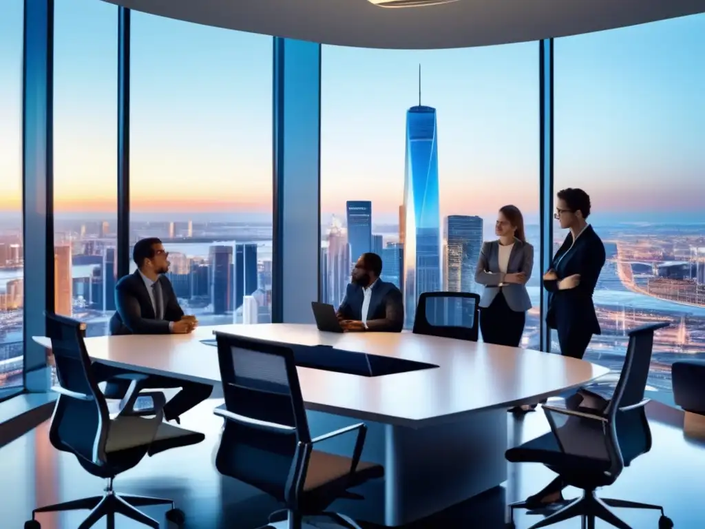 Oficina moderna con vista panorámica de la ciudad Oficina moderna con vista a la ciudad y profesionales discutiendo estrategias de inversión a corto plazo