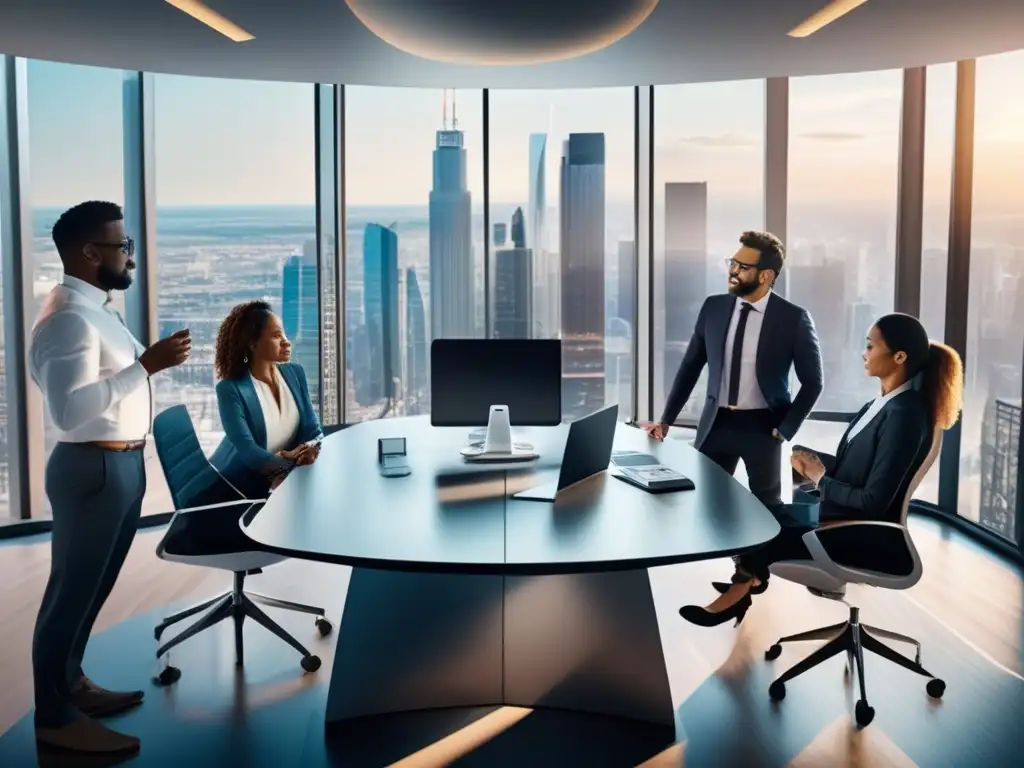 Oficina moderna y profesional con vista panorámica Oficina moderna con vista a la ciudad, profesionales confiados y diversificados, superando el miedo a diversificar la cartera