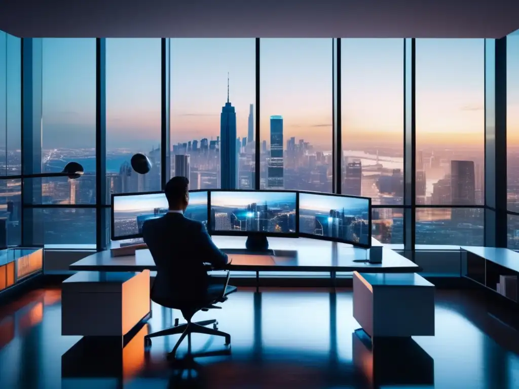 Oficina moderna con vista panorámica y tecnología avanzada Oficina moderna con vista a la ciudad, muebles contemporáneos y tecnología avanzada