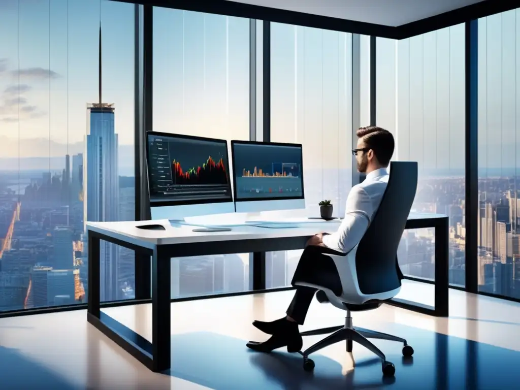 Oficina moderna con vista panorámica Oficina moderna con vista a la ciudad, escritorio blanco con monitor mostrando gráficos financieros