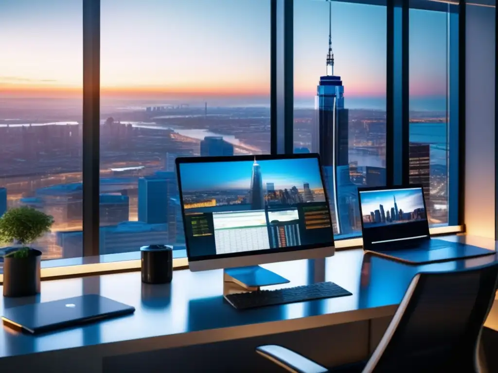 Oficina moderna con vista a la ciudad Oficina moderna con vista a la ciudad, iluminada por luz natural y equipada con muebles minimalistas y tecnología avanzada