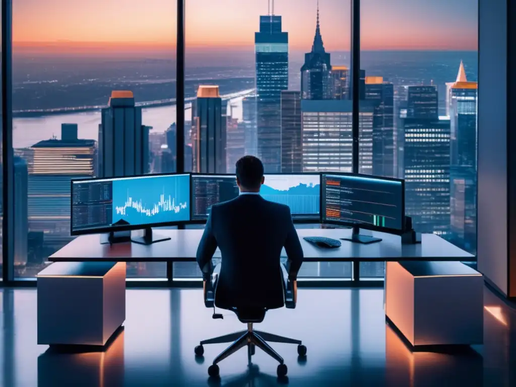 Oficina moderna con vista a la ciudad y equipo de criptomonedas Oficina moderna con vista a la ciudad y criptoactivos