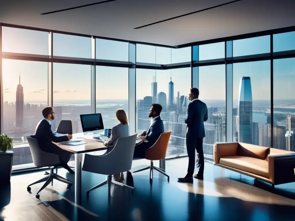 Oficina moderna con profesionales analizando datos y gráficos Oficina moderna con vista a la ciudad y profesionales analizando informes financieros