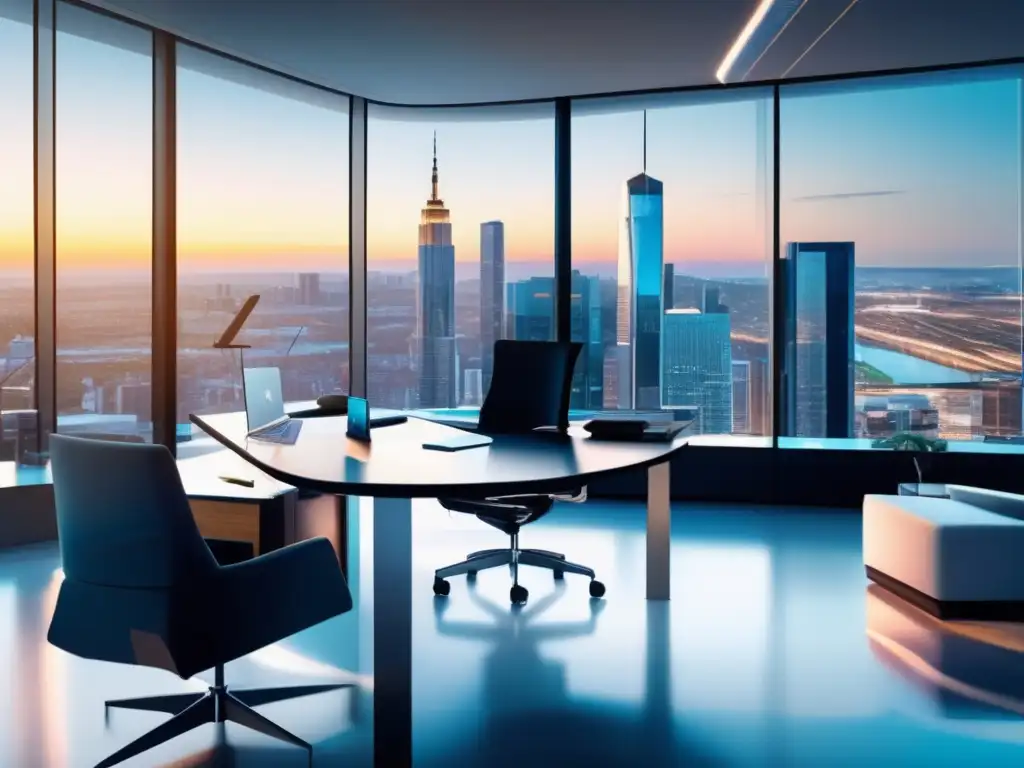 Oficina moderna con vista a la ciudad Oficina moderna con vista a la ciudad y persona profesional enfocada en maximizar beneficios de finanzas personales