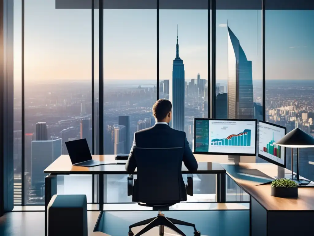 Oficina moderna con vista a la ciudad y un inversor analizando gráficos Oficina moderna con vista a la ciudad, inversor analiza gráficos y datos del mercado de inversión