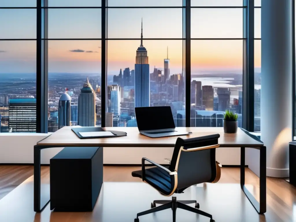 Oficina moderna con vista panorámica de la ciudad Oficina moderna con vista a la ciudad: Estrategia Buffett: Análisis Portafolio Leyenda
