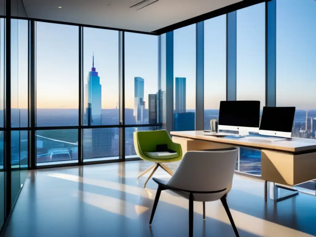 Oficina moderna y elegante con vista a la ciudad Oficina moderna con vista a la ciudad y libros de estrategias de inversión rentables
