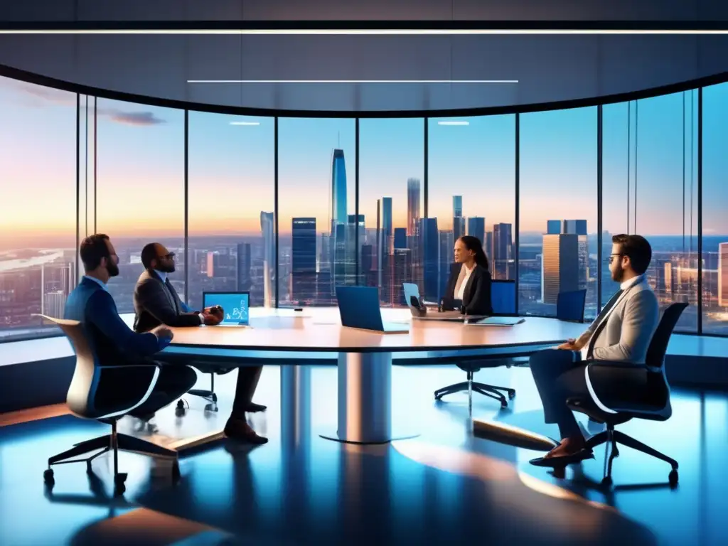 Oficina moderna con profesionales discutiendo Oficina moderna con vista a la ciudad, profesionales discutiendo oportunidades de inversión alternativas
