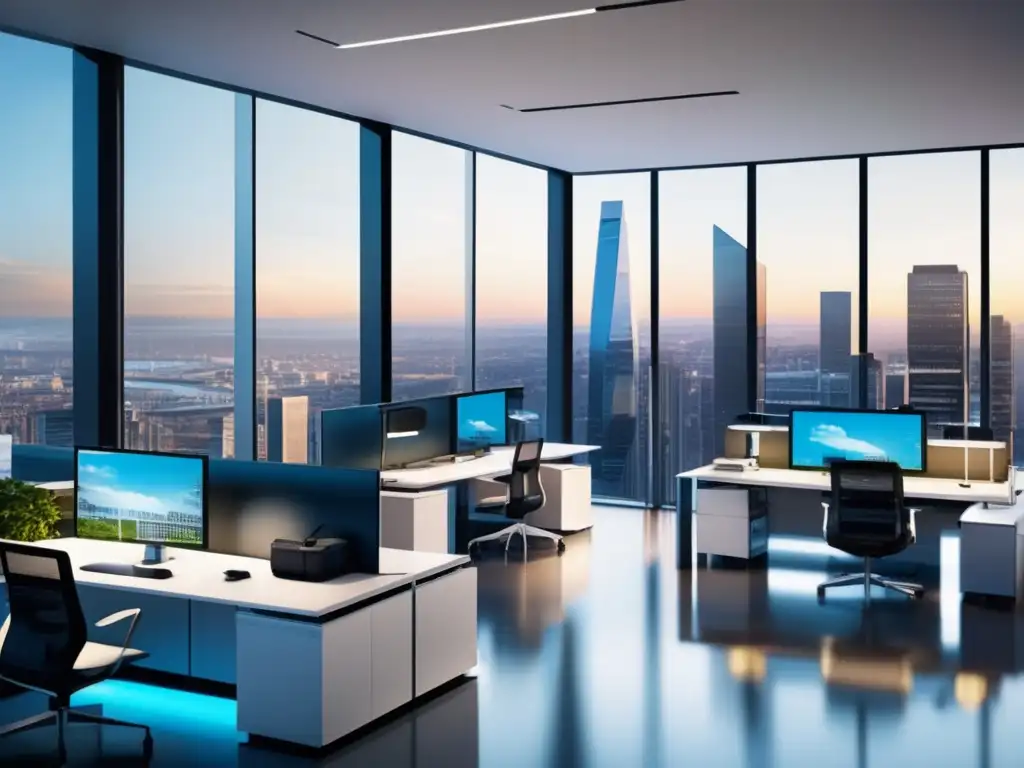 Oficina moderna con tecnología avanzada Oficina moderna con vista a la ciudad, equipo trabajando eficientemente, automatización y tecnología avanzada