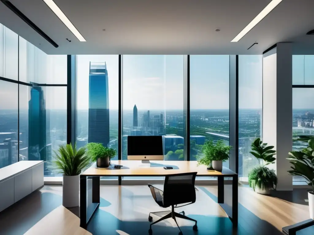 Oficina moderna con vista panorámica Oficina moderna con vista a la ciudad y estrategias de reinversión de dividendos