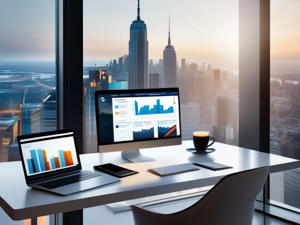 Oficina moderna con vista a la ciudad y elementos de finanzas Oficina moderna con vista a la ciudad y elementos de negocios