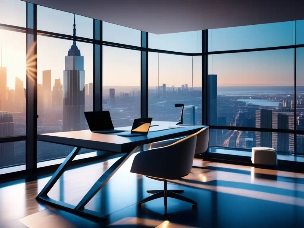 Oficina moderna con vista panorámica Oficina moderna con vista a la ciudad, mostrando beneficios de la volatilidad del mercado financiero